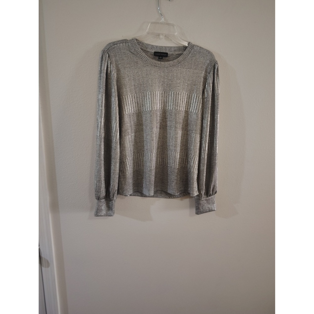 Lauren Hansen Silver Metallic Knit Top XL Long Puff Sleeve Shimmer Crew Neck